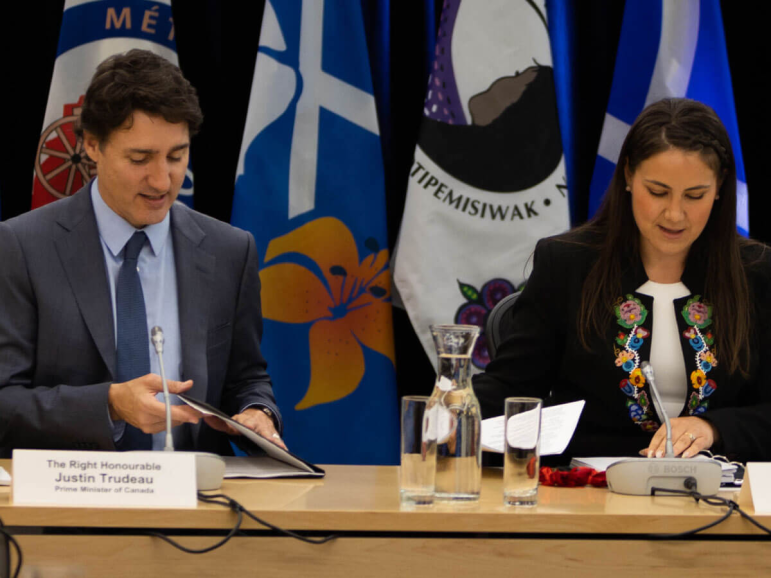 Prime Minister Justin Trudeau and Cassidy Caron, president of the Métis National Council