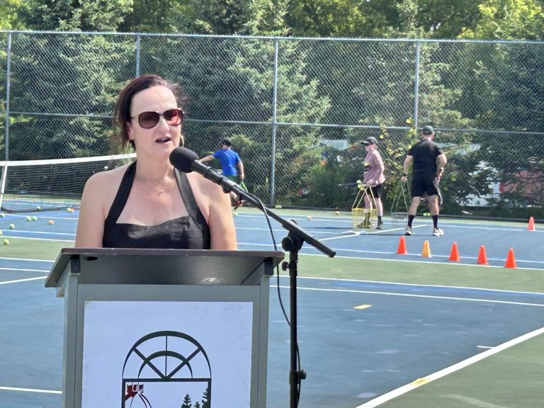 Port Hope Racquet Club President Gillian Smith-Clark discussing the court upgrades. Photo by Dan Jones, CFWN, LJI
