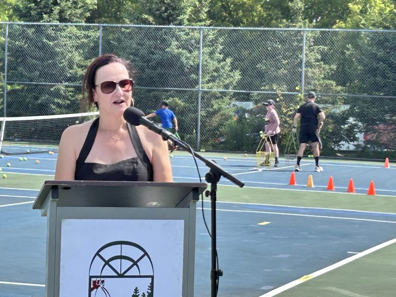 Port Hope Racquet Club President Gillian Smith-Clark discussing the court upgrades. Photo by Dan Jones, CFWN, LJI