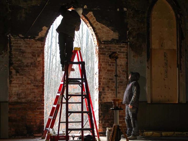 A window being restored by at the Wesleyville Church. Photo courtesy of The Friends of Wesleyville Village Facebook.Play