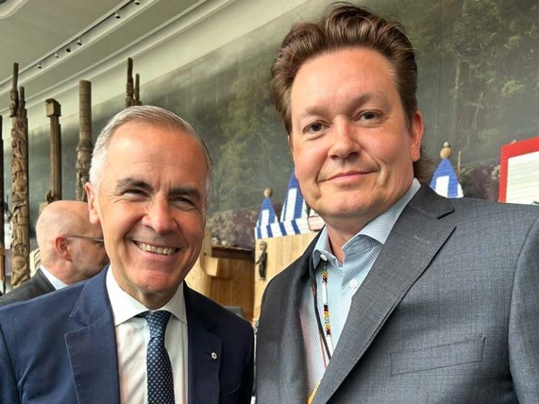Alderville First Nation Chief Taynar Simpson (R) with Prime Minister Mark Carney. Photo courtesy of Taynar Simpson Facebook.