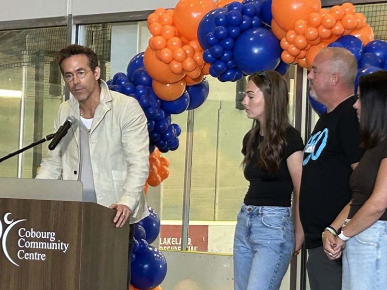 Actor Ryan Reynolds and the Grace Bowen family speaking during an arena renaming ceremony. By Dan Jones. CFWN, LJI
