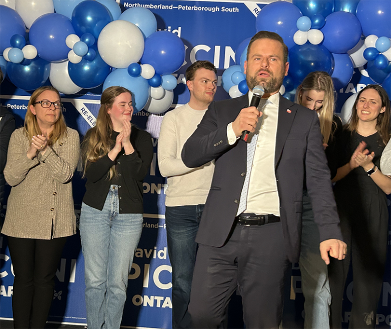 Northumberland-Peterborough South MPP David Piccini addresses supporters after his election win earlier this year. Photo by Dan Jones, CFWN, LJI