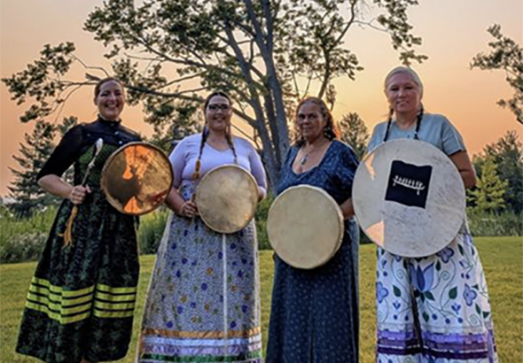 The traditional women's hand-drumming group, Naandewegaan, Healing with Drums, will perform at the International Women's Day even on Saturday, March 7, 2026 in Peterborough. The group is Janet McCue, Zainab Amadahy, Mshkiki Gitigaan Kwe, and Serene Brennan.