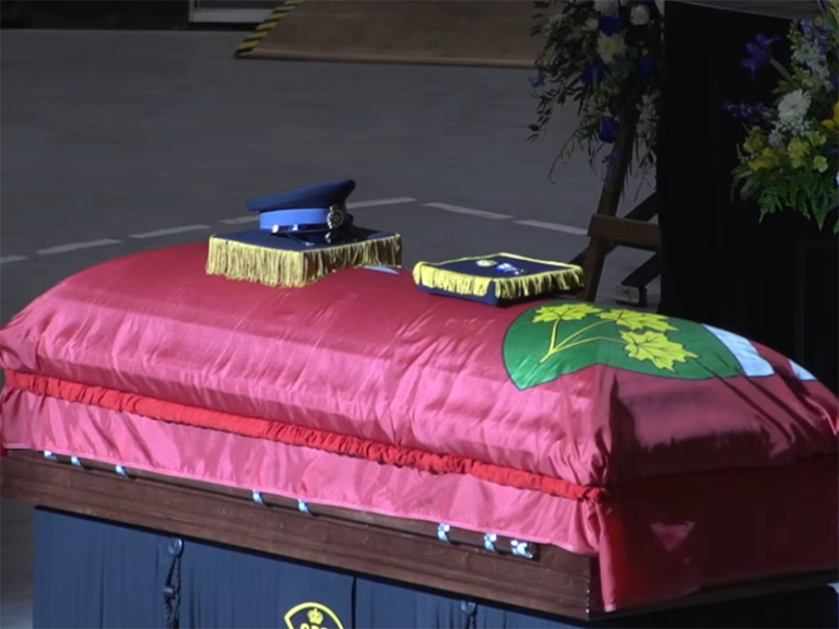 Screenshot of Northumberland OPP SGT Brandon Malcolm's casket. Courtesy of OPP YouTube.