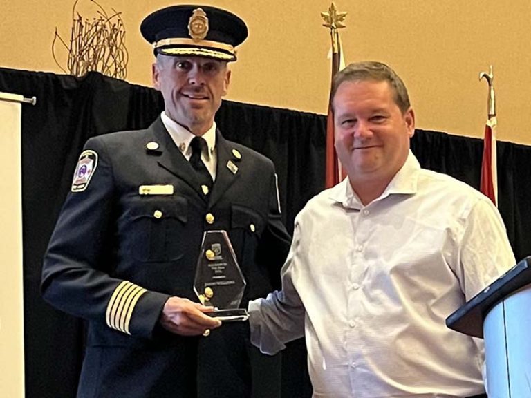 Port Hope Fire Chief Jason Williams and Don Casey, the Vice President of the OMFPOA during recent award ceremony for Fire Chief of the Year 2026