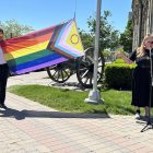 Cobourg Mayor Lucas Cleveland and Ashley Bauman rasing the Pride Flag in Cobourg. Photo by Dan Jones, CFWN, LJI