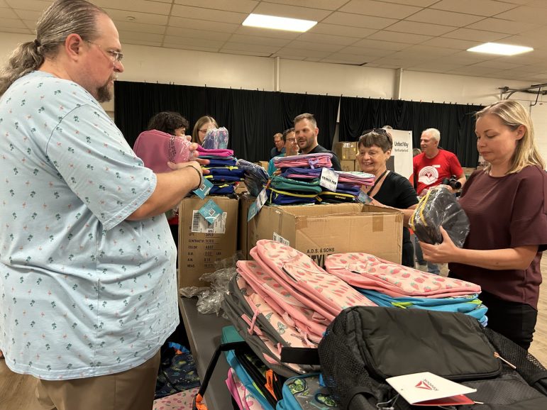 Volunteers prepare 850 backpacks for Northumberland County children in need for back-to-school. Photo by Dan Jones, CFWN, LJI.