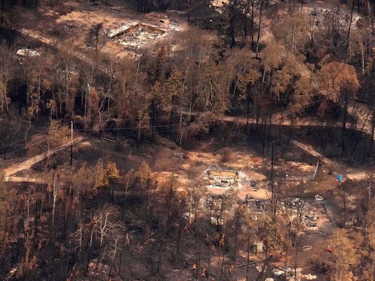 Wildfire damage is pictured from the air in Namaygoosisagagun First Nation (also known as Collins First Nation), a small, remote Ojibwa community located in northwestern Ontario, about 250 km north of Thunder Bay, Ont., on Wednesday, July 22, 2026.